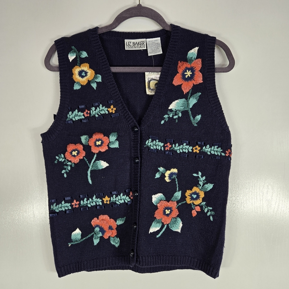 VTG Liz Baker Essentials Dark Navy Blue Floral Embroidered‎ Vest Size SP Whimsy